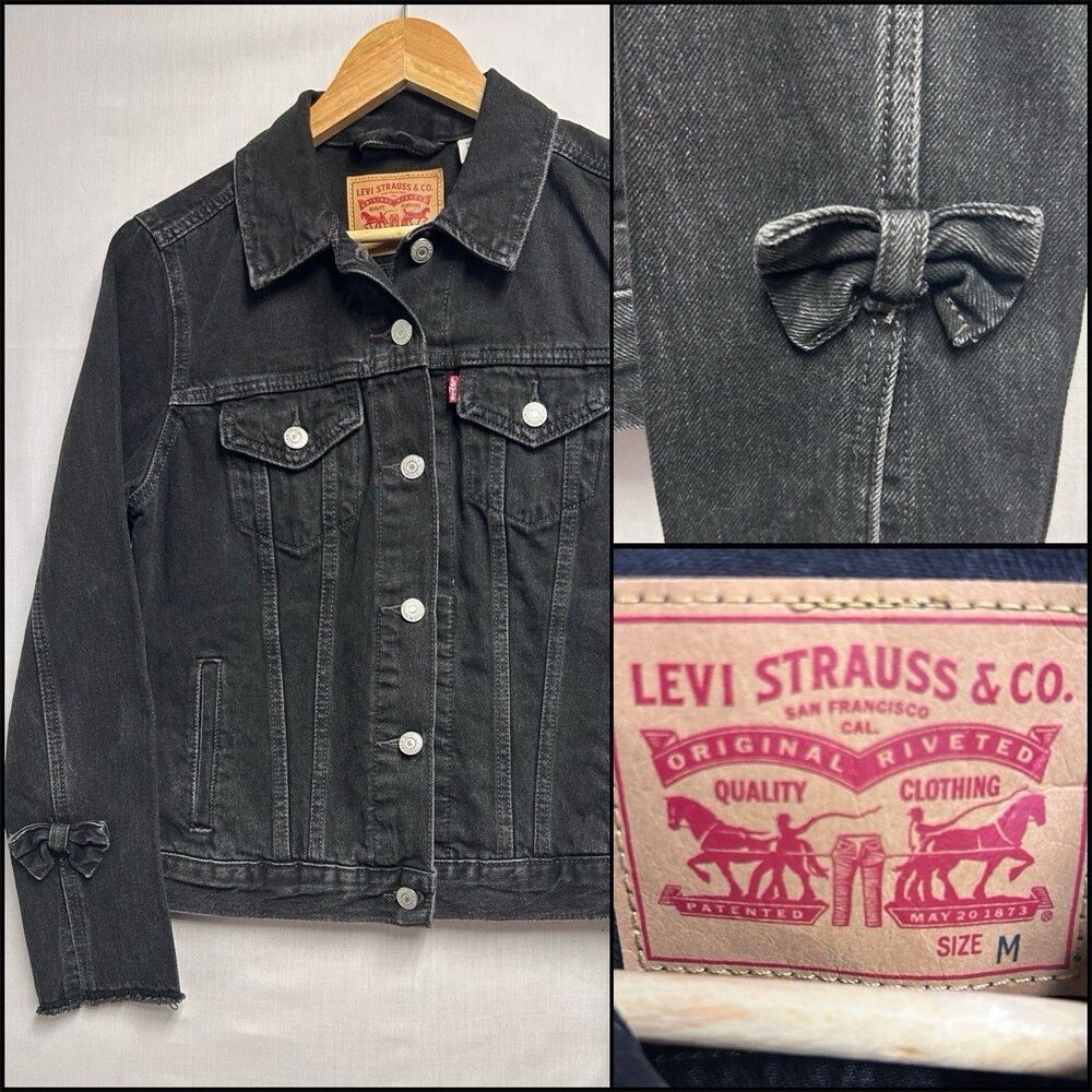Levi’s Denim Trucker Jacket Women’s Medium Black With Bow Accents